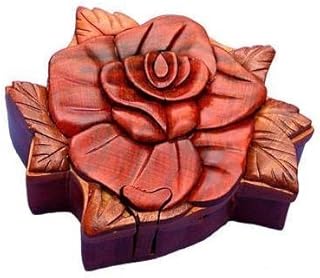 Rose Handmade Carved Wood Intarsia Puzzle Box by The Handcrafted