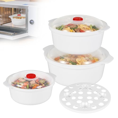 Ghshanog Set of 3 Microwave Food Containers Microwave Bowls with Vented Lids Plastic Soup Bowls with Steam Rack 3 Sizes Deep Bowl Set for Serving Oatmeal Cereal Salad Soup Noodle