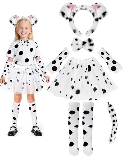 Hikkcos Halloween Dalmatian Costume 100 Days of School Dalmatian Tutu Outfit Dog Headband and Tail Knee Socks Party Cosplay Accessories