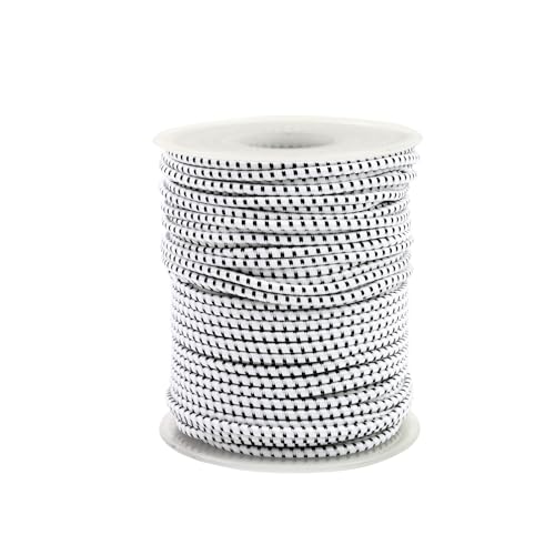 Bungee Cord Roll 3/32 Inch x 100 Feet White Black Heavy Duty Elastic Shock Cord Nylon Stretch String Kayak Bungee Rope for Luggage Camping Kayak Tent Pole Tie Downs (3/32 x 100ft)