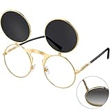 Runde Linse und goldener Rahmen: 1 runde Hippie Sonnenbrille mit goldenem Retro Rahmen und grauer Linse, gut für den Look der 70er, cool und charmant, eine gute Stütze für Fotoshootings mit Retro Motiven