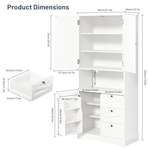 Farmhouse Kitchen Pantry Cabinet Kitchen Storage Cabinet with 3 Door Shelves and 3 Drawer Versatile Storage for Kitchen Dining Room Living Room White Wood Grain