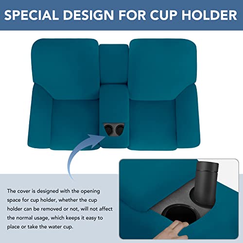 Image of Easy-Going Stretch Recliner Loveseat Cover with Center Console Sofa Slipcover Soft Fitted Fleece 2 Seats Couch with Holder and Storage Washable Furniture Protector Peacock Blue