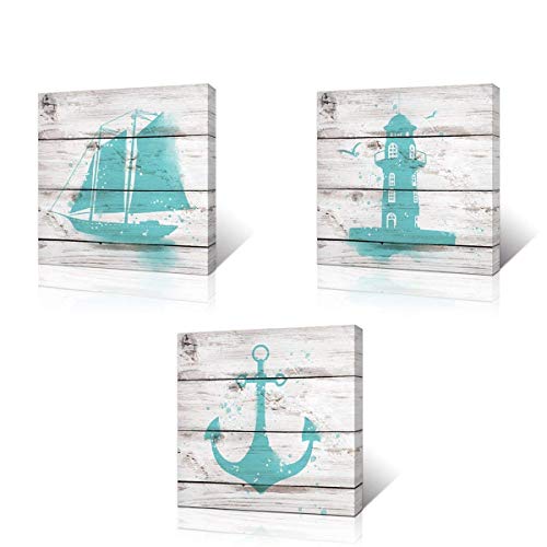 VVOVV Wall Decor Teal Bathroom Wall Art Turquoise Pictures Nautical Bathroom Decor Canvas Prints, 12x12inchx3Pieces