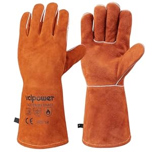 vclpower Fireplace Gloves Fire Heat Resistant: 14IN Fireproof Leather for Fireplace Fire Pit Wood Stove Campfire Furnace BBQ Baking,Grill Oven Stick Mig Tig Welding Welder Gear Gift for Man L