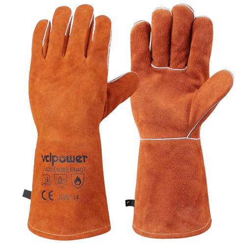 vclpower Welding Gloves Fire Heat Resistant 14IN Fireproof Leather for Welding Fire Pit...