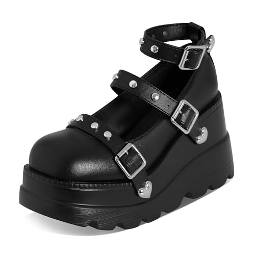 Women's Wedges Black Pumps Platform Mary Janes Shoes Comfortable Heels With Cute Bow Gothic Closed Toe