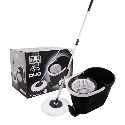 White Magic Spin Mop Duo - Black - Hand Press & Foot Press - Cleans All Hard Floors – Tile, Timber, Stone, Vinyl - Black/White – Original & Best