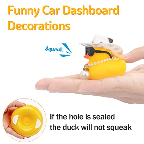 Image of wonuu Car Rubber Duck, Yellow Duck Decoration Dashboard with Sun Hat Swim Ring Necklace Sunglasses for Car Dashboard Decorations, Black White Cowboy Hat-Transparent-Big Pearl