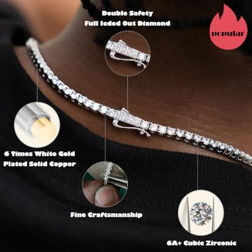 CG&KYGG 3MM Tennis Necklace for Men Women, 18K Real White Gold Plated Iced Out Diamond Chain, Gift for Birthday & Holiday(New Double Safety Cubic Zirconia Clasp, Delicate Packing)2