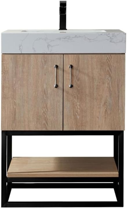 Vinnova Alistair 24B Single Vanity in North American Oak Finish, Pre-Assembled, with with White Grain Stone Countertop Without Mirror