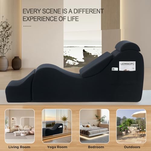 Yoga Chair Lounge for Adult, Ergonomic Chaise Lounge Chair with Side Pocket, Headrest, Waist Pad, Ottoman,Perfect for Stretching, Massage, and Relaxation, Used in Living Room, Bedroom(Black)