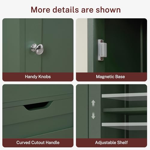 Image of TEENFON Tall Bathroom Cabinet with 2 Doors & 1 Drawer, Narrow Bathroom Storage Cabinet with Adjustable Shelves, for Living Room, Entryway, Kitchen, Forest Green