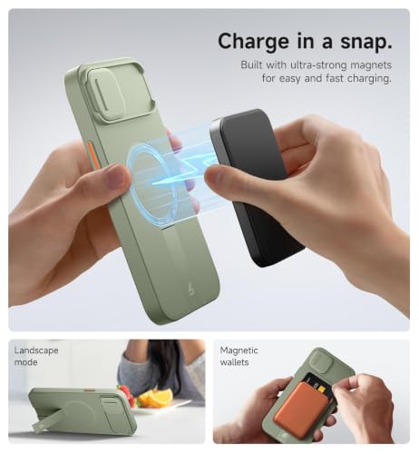 Image of SURITCH for iPhone 14 Plus /15 Plus Case with Magnetic Camera Slide Cover and Adjustable Kickstand, Compatible with MagSafe, Shockproof Bumper Case Slim Protective Cover 6.7 Inch, Green
