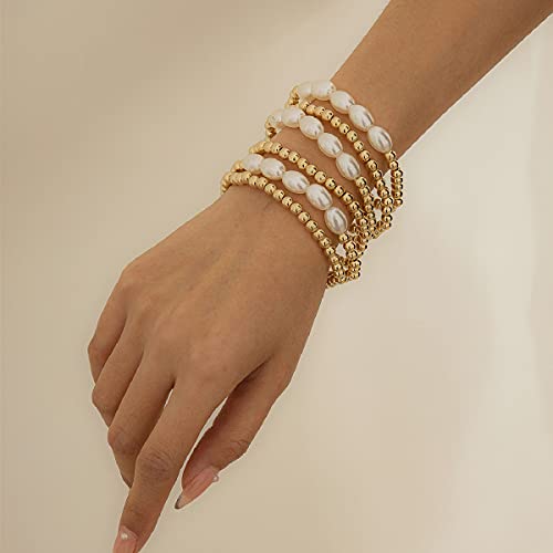 Chargances Gold Layered Pearl Bracelet for Women Beaded Stackable Bracelet for Women and Girls Gifts (Gold)