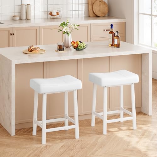 24 Saddle Bar Stools Set of 2, Stylish Backless PU Leather Counter Height Stools with Curved Cushion, Perfect for Kitchen Counters or Home Bars, White