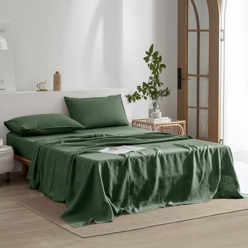 EVERLY Linen King Size Sheets Set,100% French Washed Pure Linen Bed Deep Pocket Sheets,4Pieces(1Flat Sheet,1Fitted Sheet,2Pillowcase) Suitable for Hot Sleepers,180GSM Dark Green Bedding Set
