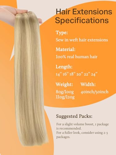 Image of DOORES Sew In Hair Extensions Real Human Hair, Light Blonde Highlighted Golden Blonde 20 Inch 100g, Hand Made Sew In Weft Extensions Thick