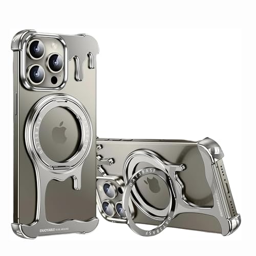 Promax - Custodia protettiva in metallo liquido per iPhone con staffa magnetica rotante a 360 gradi senza bordi colore originale 15