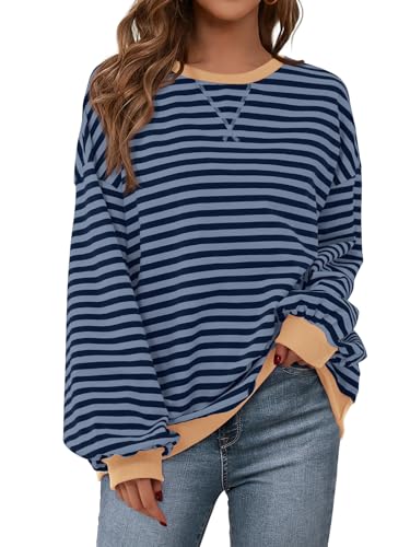 Image of PRETTYGARDEN Womens Striped Oversized Sweatshirt Color Block Crew Neck Long Sleeve Casual Loose Pullover Top Y2K Clothes