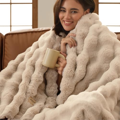 Image of Bedsure Fluffy Bubble Faux Fur Throw XL Blanket, 50 inchx70 inch, Light Beige