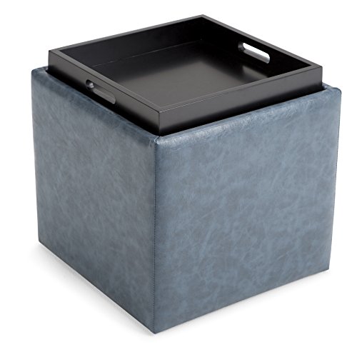 SIMPLIHOME Rockwood Cube Storage Ottoman with Tray - 17' Wide x 17' High Upholstered Vegan Leather...