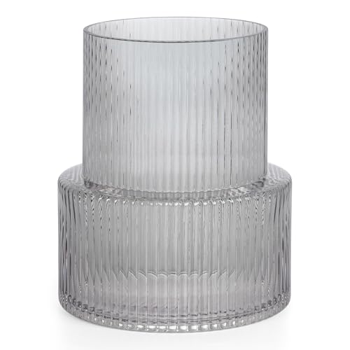 Grey Glass Vase, Ribbed Vase For Flowers, Fluted Glass Vase, Modern For Table Centerpiece In Living Room, Kitchen, Shelf, Weddings And Office 15.5CMX19.0CM By Snapplent (Grey)