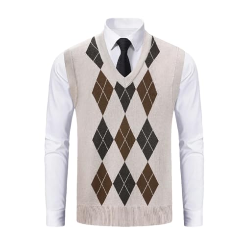Men's Sleeveless Knitted Sweater Vest V-Neck Pullover Casual Plaid Waistcoat for Autumn Winter Wear