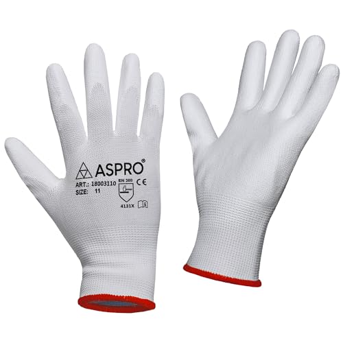 10 Pairs - Size XXL(11) - White Nylon PU coated work gloves for builders, gardeners, etc - By ASPRO (10 pairs, XX-LARGE (size 11))