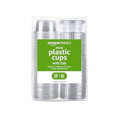 Amazon Basics Disposable Plastic To-Go Cups and Lids, Mini, 2oz, 50 Count, BPA Free, for Condiment, Salad Dressing, Sauces, Jello Shots