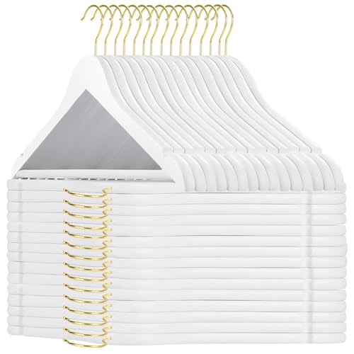 TOPIA HANGER Wooden Hangers 30 Pack, White Wood Coat Hanger with 360° Swivel Gold Hook, Non Slip Pants Bar and Shoulder Notches for Camisole, Jacket, Pants, Smooth Finish Clothes Hangers -CT34WG30