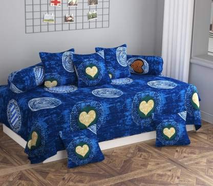 Diwan Set - Single Bedsheet with 2 Bolster Covers and 5 Cushion Covers, Microfiber - Blue Heart-image-21
