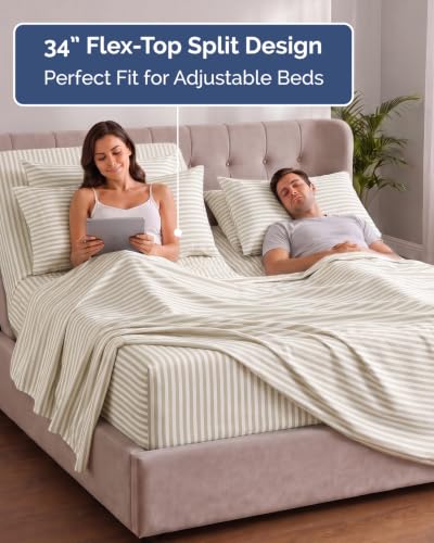 Image of Extra Deep Flex Top Split Head King Sheet Set - 6 Piece Breathable and Cooling Sheets - Hotel Luxury Bedding for Women, Men, Kids & Teens - Easy Secure Fit - Extra Deep Pockets - Beige Stripes 2
