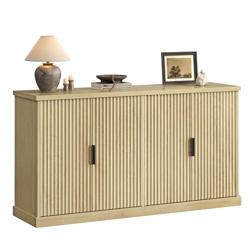 VASAGLE MAXE Collection - Transitional Buffet Cabinet, Console Cabinet, Sideboard with Adjustable Shelves, Fluted Doors, Buffet Table, Kitchen Pantry, Oak Beige UBBK382Y01S 4 Doors 15.8"D x