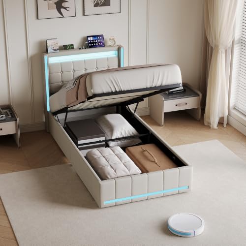 BPKADHY Letto imbottito 90x200 con vano portaoggetti – Letto per ragazzi con vano contenitore idraulico e cassettone, LED e USB-C, incl. rete a doghe e testiera, struttura letto per adulti, lino beige