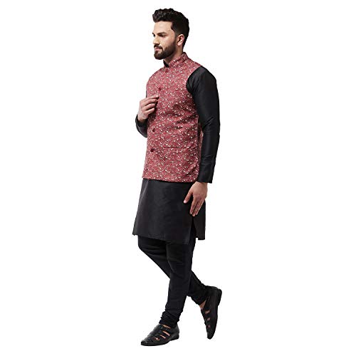 Image of SOJANYA (Since 1958 Men's Silk Blend Black Kurta Pyjama & Printed Nehrujacket Combo