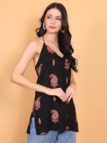 Image of FIMS - Fashion is my style Rayon Short Kurti for Women, Ethnic Printed, Black Sleeveless Kurtis, Summer Wear, Ideal Gift for Girls