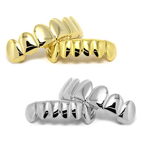 Jewel Town Custom Fit Gold & Silver Plated Hip Hop Teeth Grillz Caps Top & Bottom Grill 4pc Set