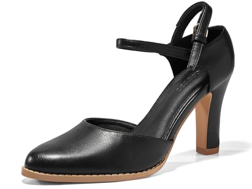 Coutgo Womens Chunky High Heels Closed Pointed Toe Ankle Strap