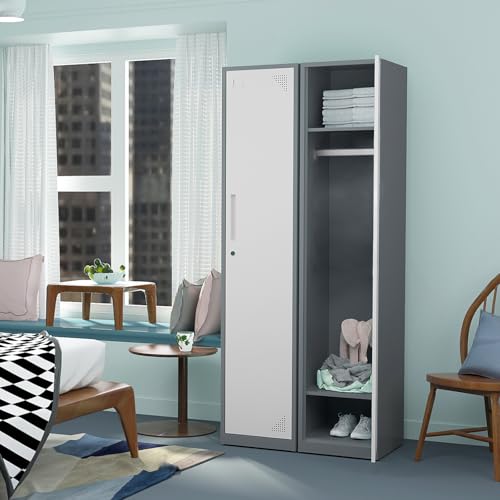 Image of Metal Locker for Home, Dressing Room, 71 inch Steel Storage Lockers for Employees, Lockable Locker Cabinet with 1 Door (Grey White)
