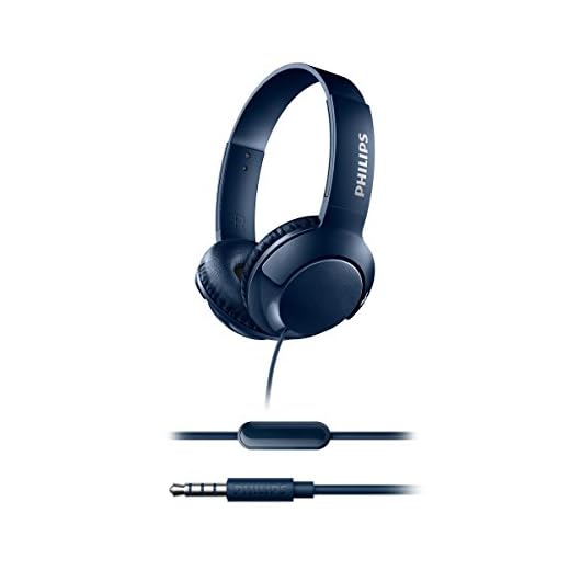 Philips SHL3075BL BASS+ On-Ear hörlurar med mikrofon (ljudisolering, platt vikning) – blå
