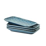 Sureasy Ceramic Salad Plates, Rectangular Appetizer Plates 8 inch, Small Serving Plates for Entertaining, Small Dinner Plates Set for Dessert, Sushi, Embossed Porcelain Dish, Set of 4, Blue
