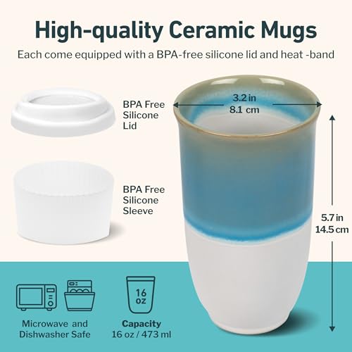 Image of NOVA CERAMICS Travel Coffee Tumbler - Travel Mug - On the Go Coffee Mug - Microwave & Dishwasher Safe Green CoffeeTumbler - Gifts For Women Men Him Her - 16oz - Lagoon