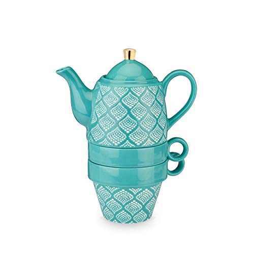 Pinky Up Taylor Bali Turquoise Tea for Two Teapot Sets, 16 oz Teacup 8 oz