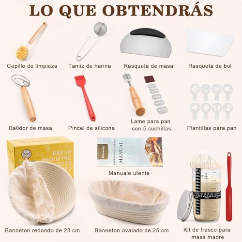 Miniatura 2 de Clheatky Cesta De Fermentación Para Pan Ovalado Redonda, 12 Piezas Kit Completo De Panadero, Banetones De Caña Natural, Cesta Para Pan De Masa Madre Para Principiantes Y Experimentados