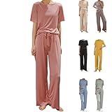 Ensemble Femme Chic et Elegant: Ensemble 2 pièces, pyjama côtelé ample, ensembles assortis à col en V, vêtements de nuit à manches longues très élastiques, ensemble de maternité, tenues de sortie décontractées. 100% Polyester, léger, confortable et extensible. Convient également pour la maternité et le ventre post-partum.