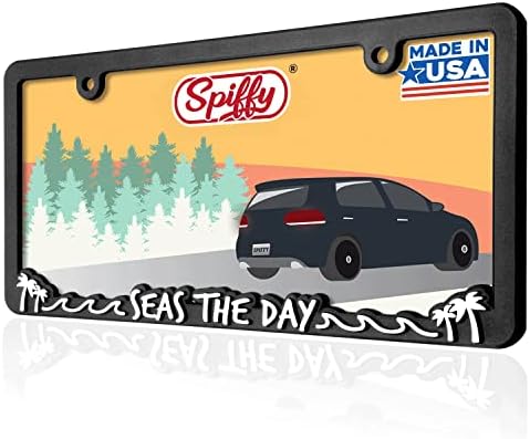 Beach License Plate Frame Seas The Day Plate Holder | Cute License Plate Frame Ocean Mermaid with Palm Trees | Beach Themed Tag Cover | Great Gift for Surfing Enthusiast | Made in The USA by SPIFFY