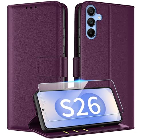 TQIAHF for Samsung Galaxy S26 Case Leather Wallet Phone Case Cover with Screen Protector Card Holder Magnetic Flip Shockproof Folio Stand Slim Book Style Phone Cover, Dark Purple