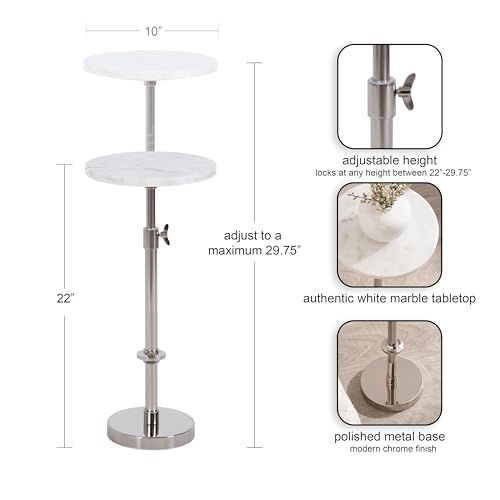 Kate and Laurel Engles Traditional Adjustable-Height Pedestal Drink Table, 10 x 10 x 30, White Marble and Silver Chrome, Vintage Round Indoor Metal Plant Stand with Authentic Marble Tabletop by Kate and Laurel - Image 2