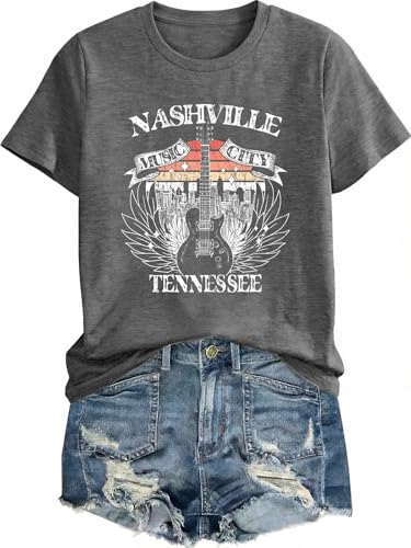 Nashville Music City Tshirt Women Country Music Shirt Concert Outfits Vintage Rock Band T-Shirts Guitar Wings Graphic Tees Grey